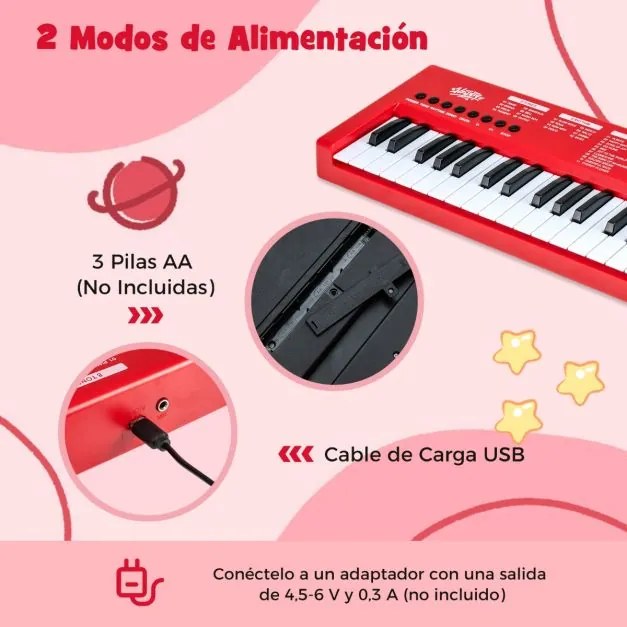 Teclado de piano para crianças Piano elétrico portátil de 37 teclas com 8 ritmos, 8 tons e 22 demos Instrumento musical eletrónico vermelho