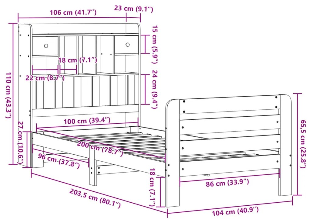 Cama com estante sem colchão 100x200 cm pinho maciço branco