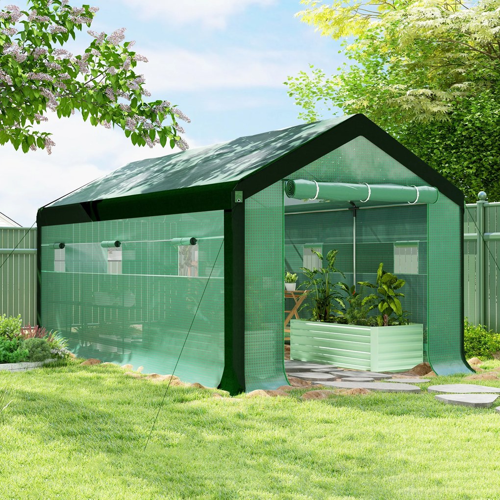 Estufa Tipo Túnel 6x3x2,8 m Estufa de Exterior com 6 Janelas Cobertura de PE Anti UV e 2 Portas Enroláveis Verde