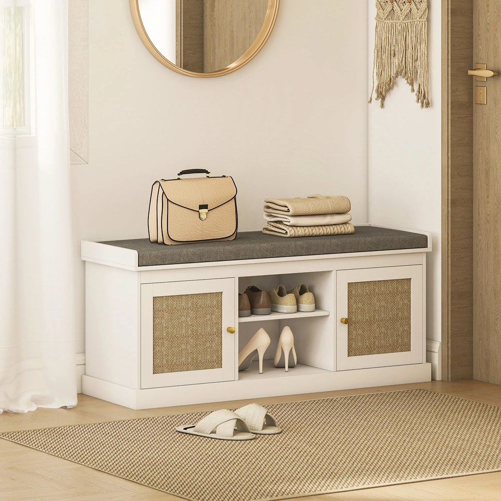 Banco Sapateira com Assento Acolchoado Portas em Vime e Prateleira Aberta para 9 Pares de Sapatos 105x35x47 cm Branco