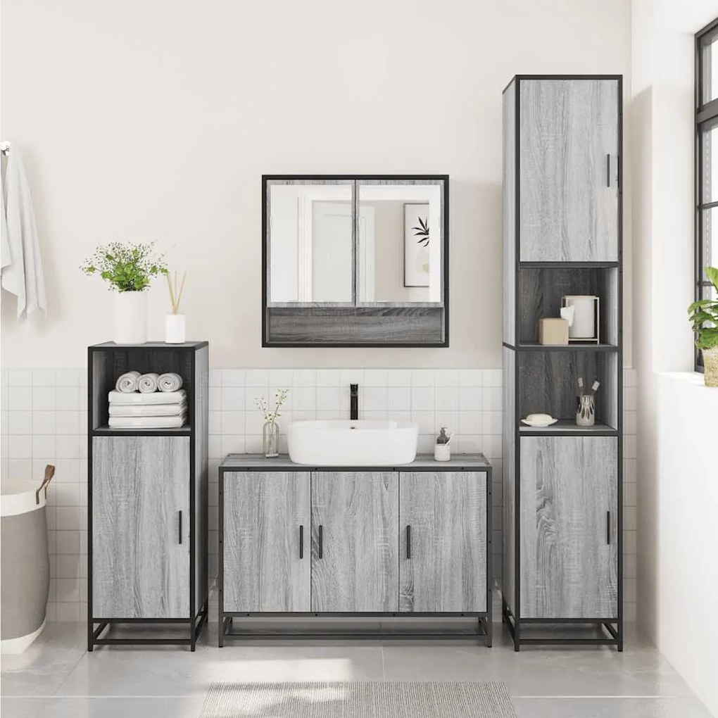 3 pcs Conjunto móveis casa de banho madeira proc. cinza sonoma