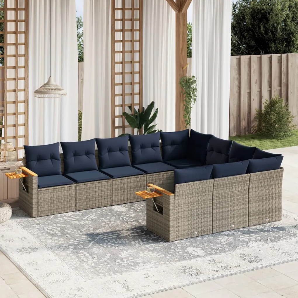 10 pcs conjunto sofás p/ jardim c/ almofadões vime PE cinzento