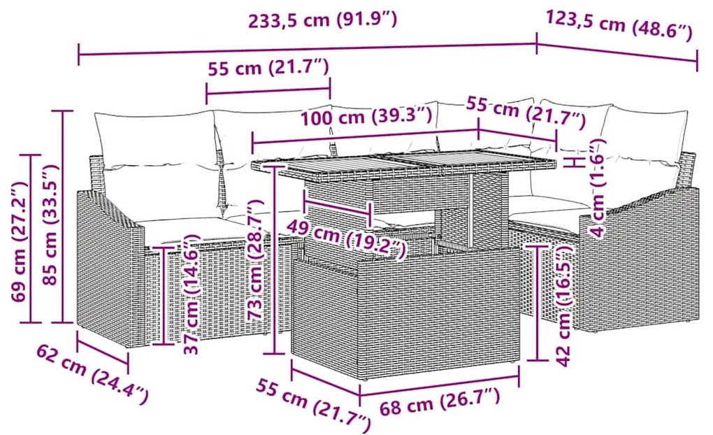 Conjunto de jantar de jardim de 6 peças com almofadas bege em rattan s