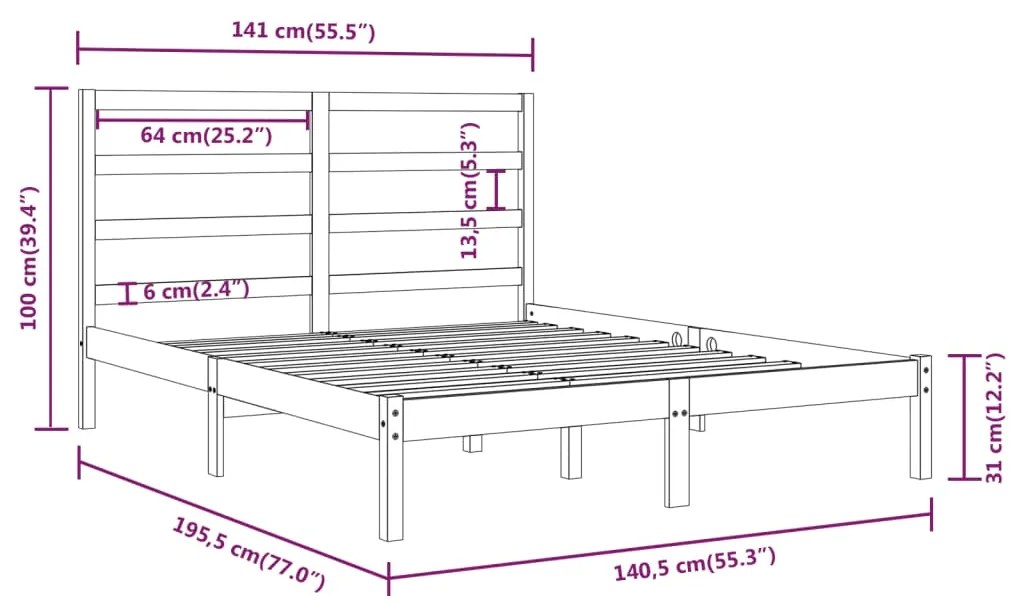 Estrutura de cama dupla 135x190 cm madeira maciça cinzento