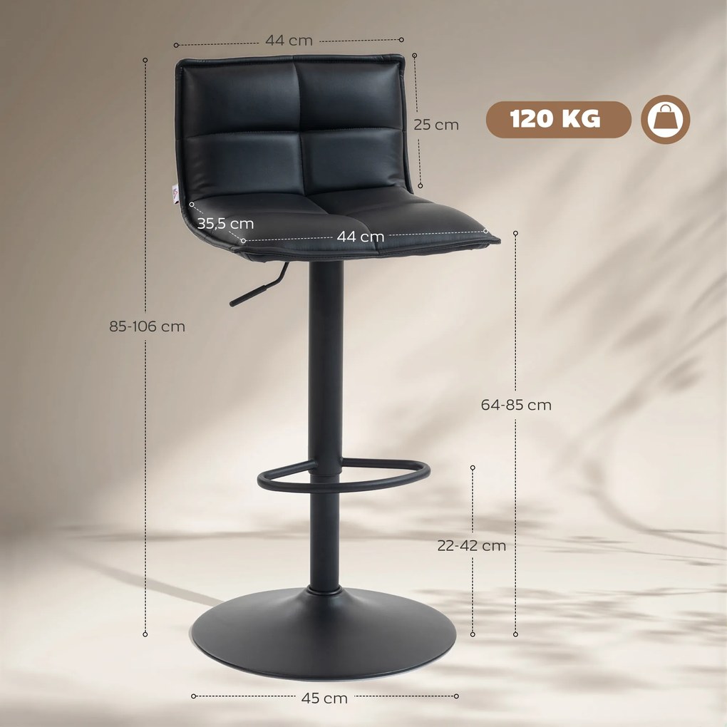 Conjunto de 2 bancos de bar, bancos de bar com altura ajustável e assento giratório em PU, 44 x 45 x 85-106 cm, preto
