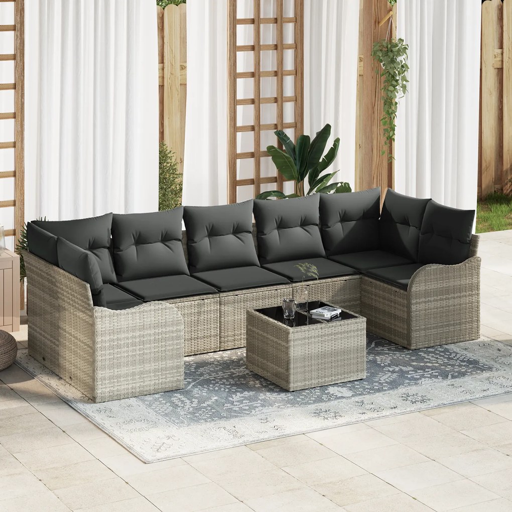 Conjunto de Sofá de Jardim vidaXL de 8 Peças com Almofadas Cinza Claro Rattan Poliéster
