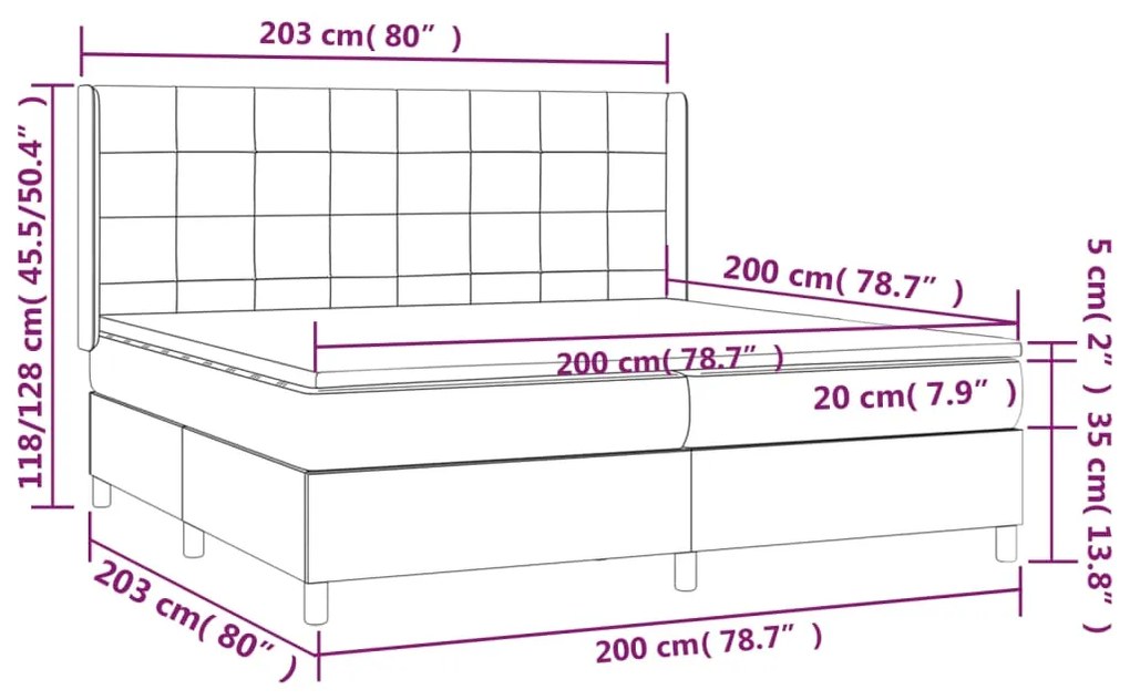 Cama box spring c/ colchão/LED 200x200 cm veludo cinzento-claro