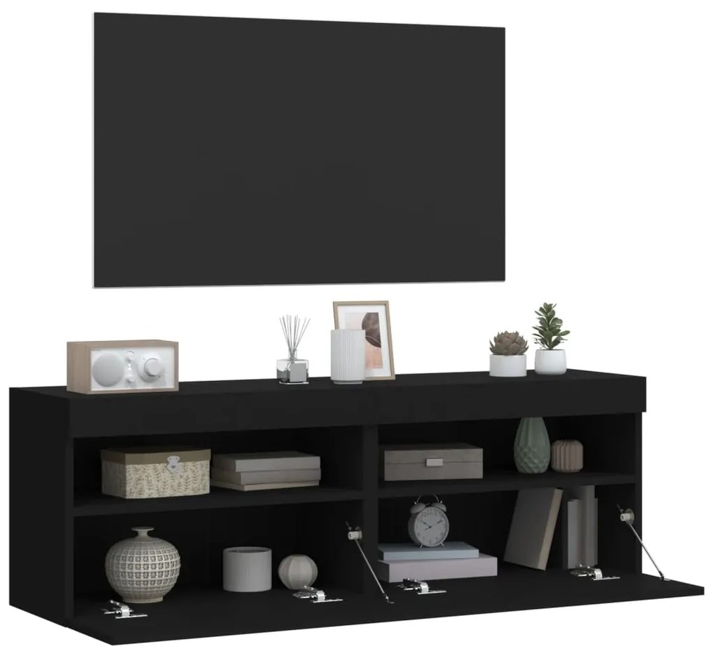 Móveis de parede p/ TV com luzes LED 2 pcs 60x30x40 cm preto