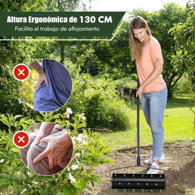 Rolo Aerador de relva com cabo amovível 130 cm Dentes para jardim Pátio Fácil de montar Preto