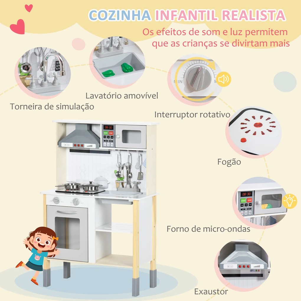 AIYAPLAY Cozinha Infantil de Madeira Cozinha para Crianças acima de 3 Anos com Altura Ajustável Luz Sons Lavatório Fogão Forno 60x30,5x93,2cm Branco e