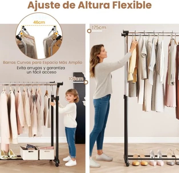 Guarda Roupa aberto, móvel com duas barras, altura ajustável 160-180 cm, com rodas, metal resistente, para closet, lavandaria ou sala, preto