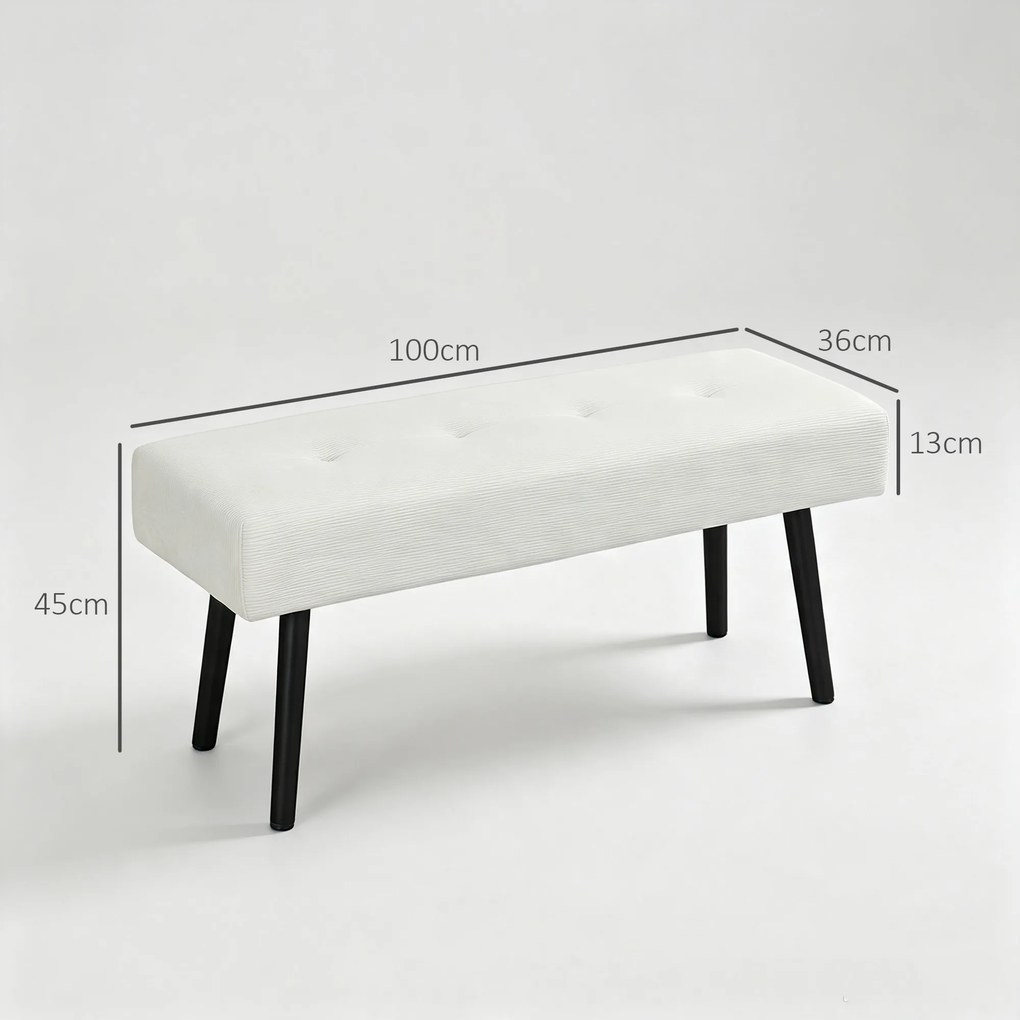 Banco de Pé de Cama em Bombazina com Assento Acolchoado, Design Capitoné e Pernas de Aço para Quarto Branco Creme