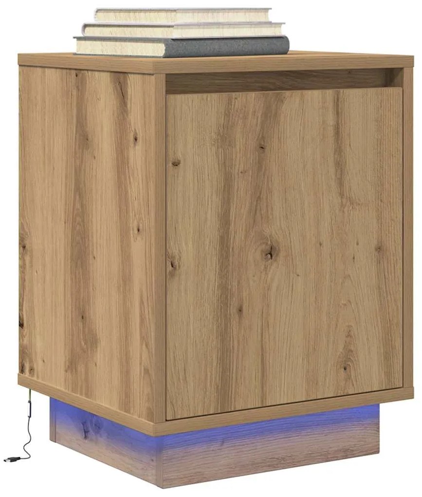 Mesas cabeceira c/ luzes LED 2pcs 38x34x50cm carvalho artesanal