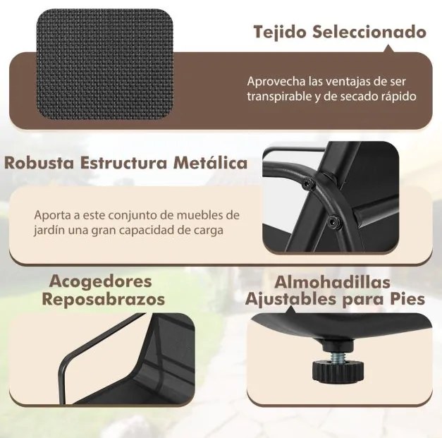 Conjunto Jardim de 4 peças com mesa de centro em vidro temperado Tecido respirável Estrutura em metal inoxidável Preto