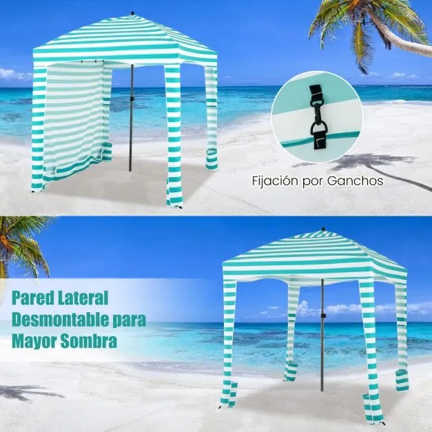 Tenda Guarda-sol de praia portátil com parede lateral amovível Bolsa de transporte 8 sacos de areia Proteção solar Exterior 183 x 183 cm Verde