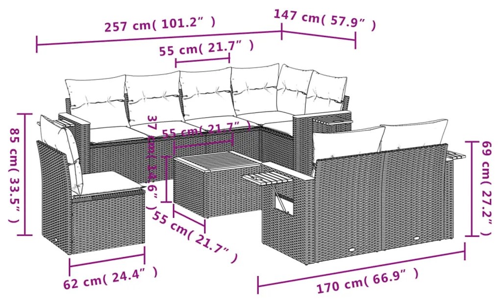 9 pcs conjunto de sofás p/ jardim com almofadões vime PE bege