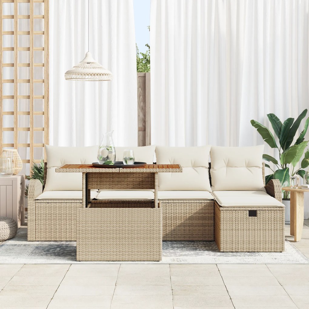 Conjunto de Sofá de Jardim de 6 Peças com Almofadas Bege Rattan Poliés