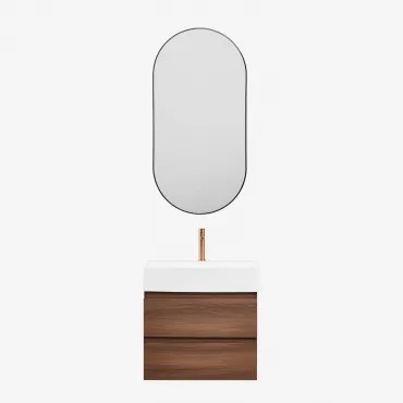 Conjunto De Móvel De Casa De Banho Em Madeira E Chapa De Freixo Com Lavatório Integrado Ona Madeira Escura & Ovale Led E Antifog Preto - Sklum