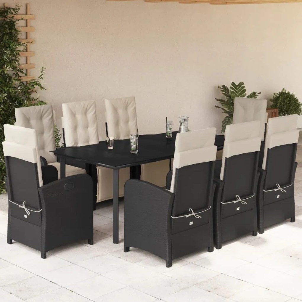 9 pcs conjunto de jantar p/ jardim c/ almofadões vime PE preto