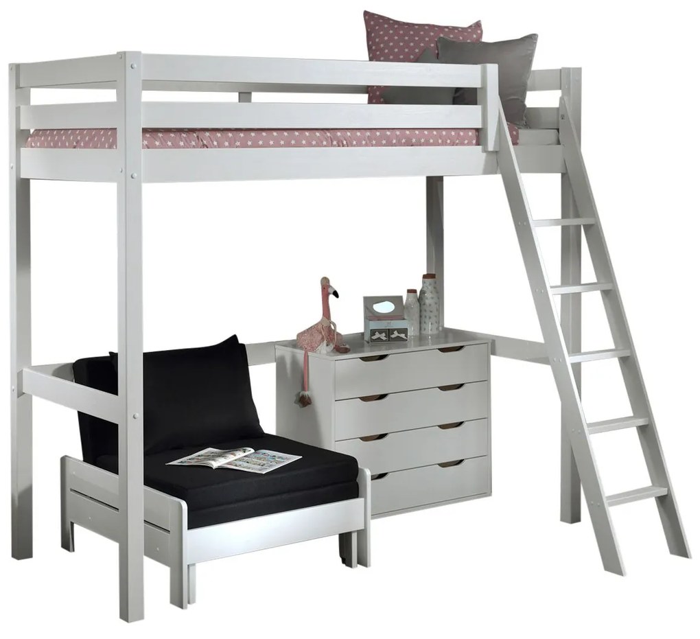 Conjunto Cama alta de Criança PINO 90 x 200 cm + estrado + escada + cómoda 4 gavetas + sofá-cama Branca