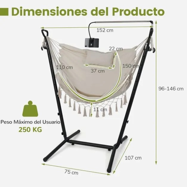 Cadeira de baloiço com suporte de altura ajustável de jardim exterior com estrutura, suporte para telemóvel, almofada e bolso lateral bege