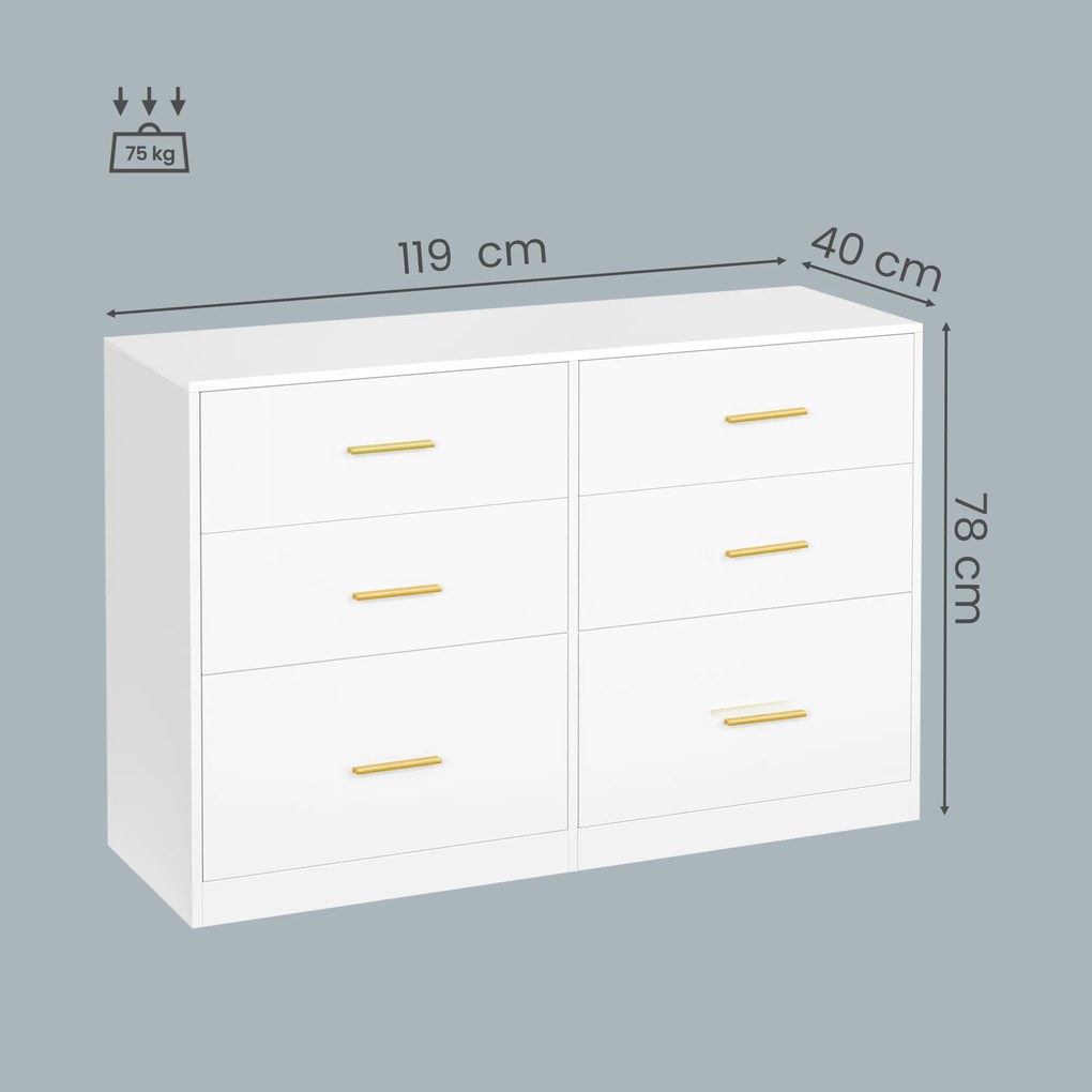 Cómoda com 6 gavetas 40 x 119 x 78 cm, armário de arrumação Branco