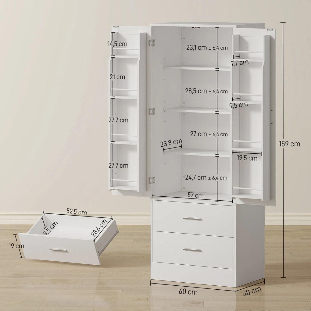Armário alto de cozinha 60 x 40 x 159 cm com2 portas, 8 suportes para especiarias, 2 gavetas, prateleiras ajustáveis, , branco