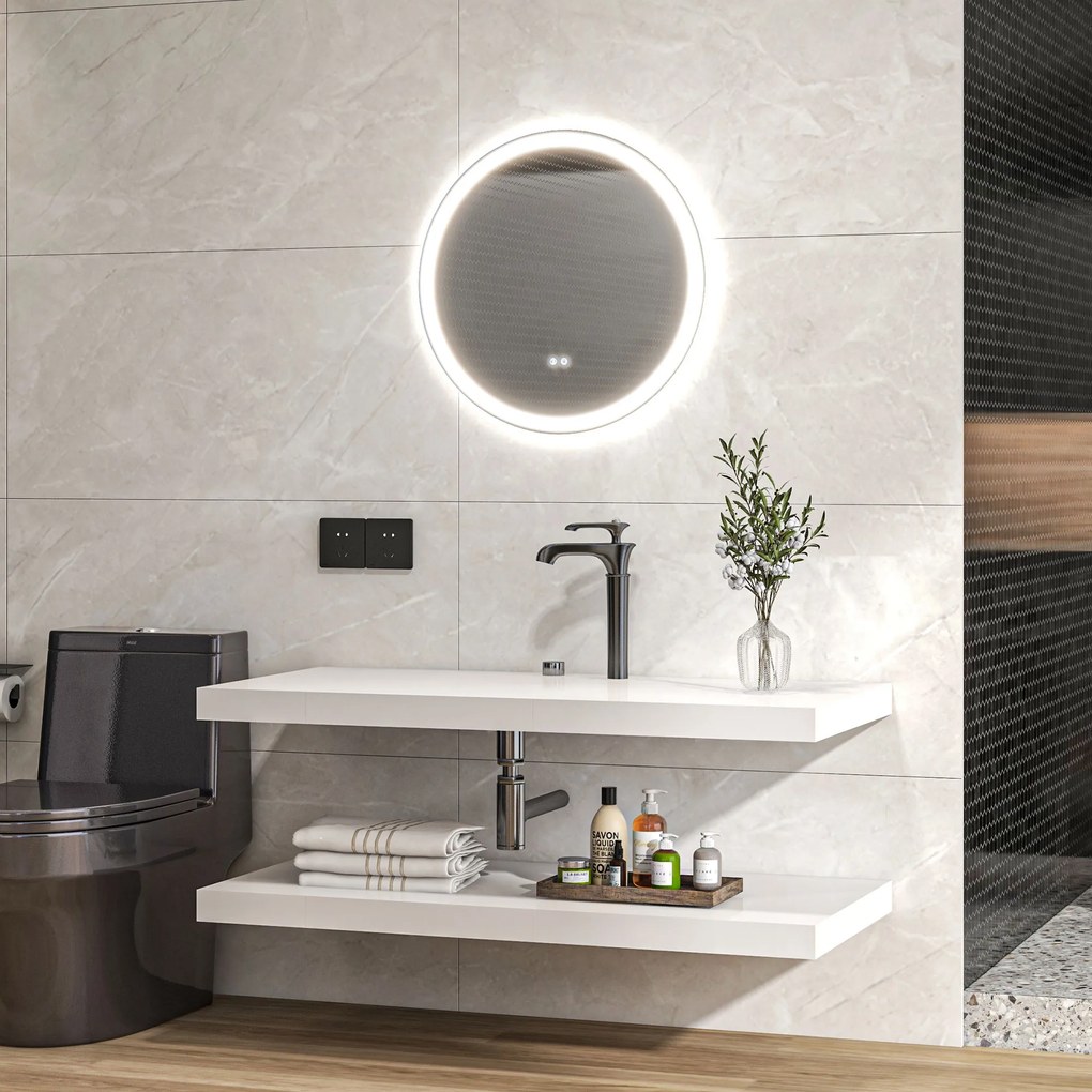 Espelho de Casa de Banho Redondo, 70 x 70 x 3,4 cm, Iluminação LED Regulável, Branco e Prateado