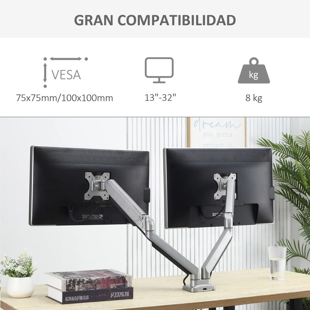 Vinsetto Suporte para Monitor Duplo para Telas LED LCD de 13"-32" Polegadas VESA 75/100mm com Braçadeira Ajustável Giratório 360° e 2 Opções de Montagem 93x11x47cm Prata