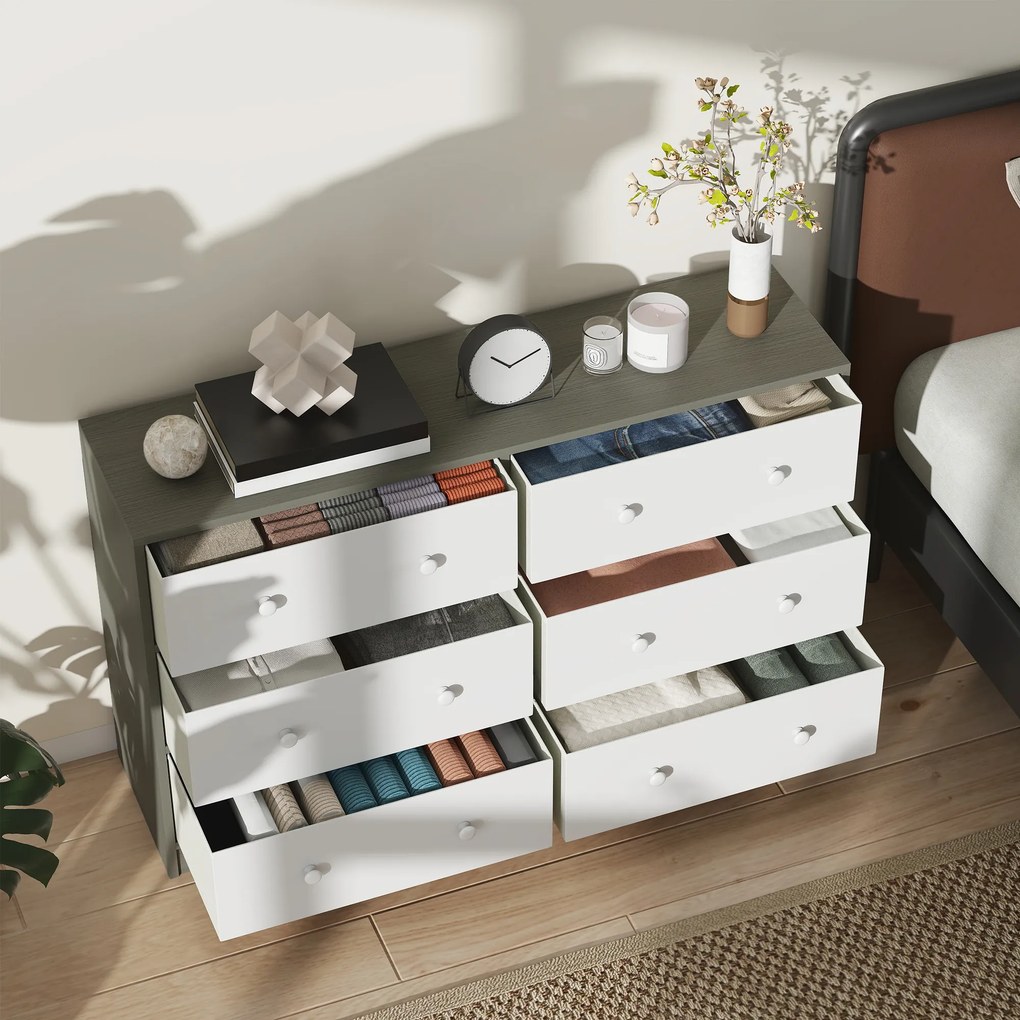 Cómoda com 6 Gavetas de Tecido Cómoda para Quarto Estrutura de Aço e MDF 114x30x70 cm Branco e Cinza