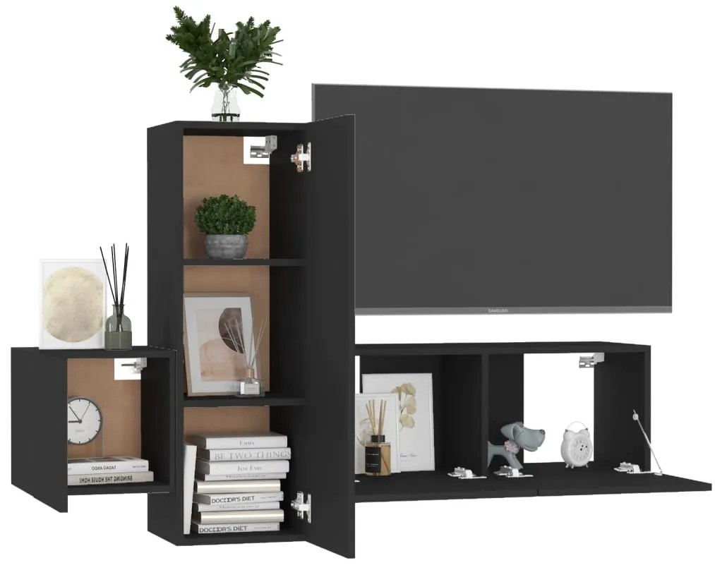 3 pcs conjunto de móveis de TV derivados de madeira preto