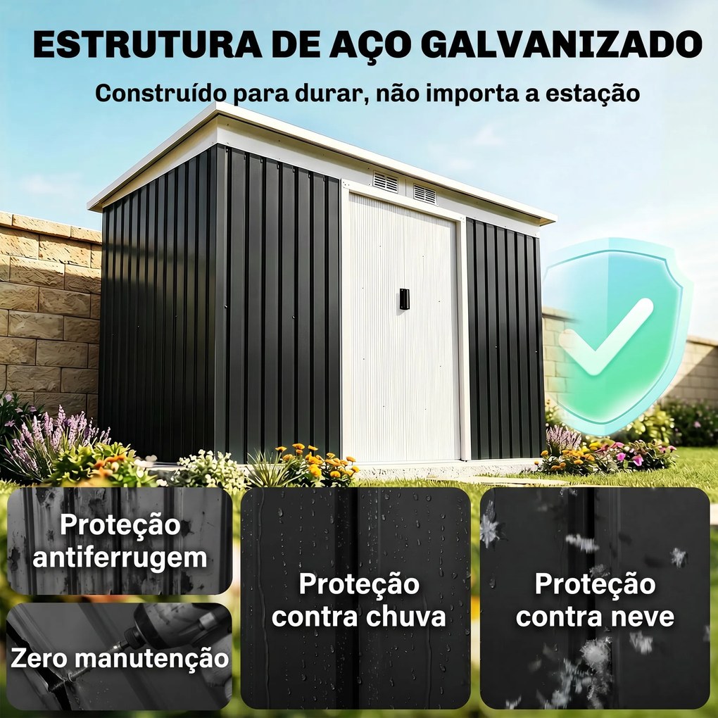 Abrigo de Jardim 280x130x172cm Abrigo de Exterior de Aço Galvanizado com Porta Corredeira e Ventilações Cinza Escuro