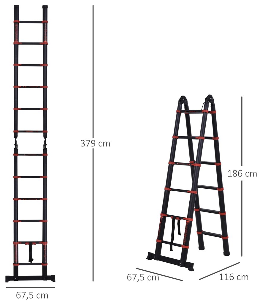 HOMCOM Escada telescópica multifuncional de alumínio de 3,8M 2 formas Estrutura de escalada portátil interna Externa Doméstica, preta