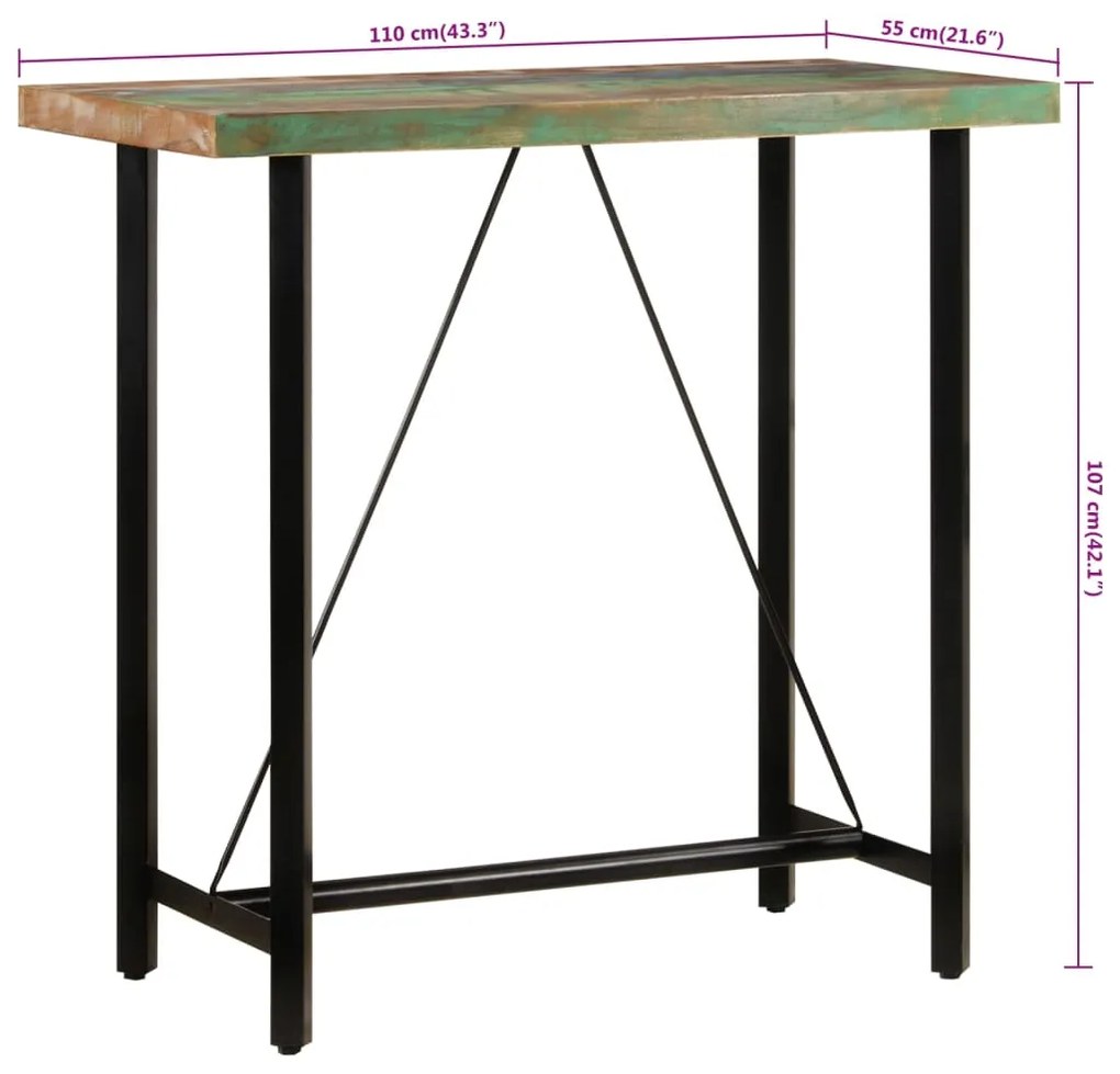 Mesa de bar 110x55x107 cm madeira recuperada maciça e ferro