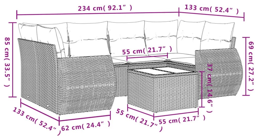 7 pcs conjunto de sofás jardim c/ almofadões vime PE castanho