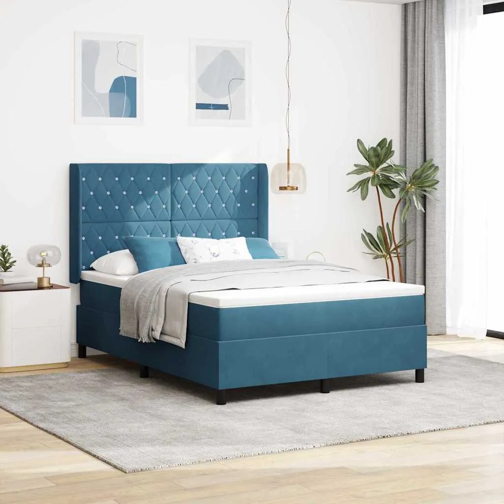 vidaXL Cama Box com colchão com cabeceira Azul 160 x 200 cm Veludo