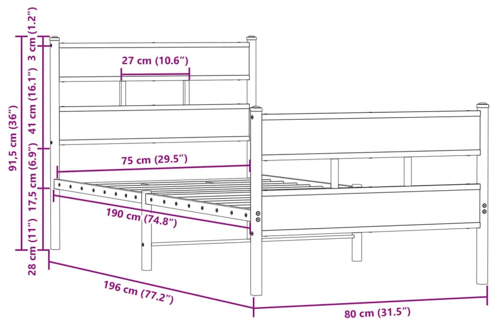 Cama sem colchão com cabeceira e pés 75x190 cm