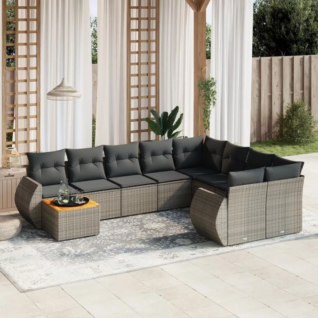 10 pcs conjunto sofás de jardim c/ almofadões vime PE cinzento