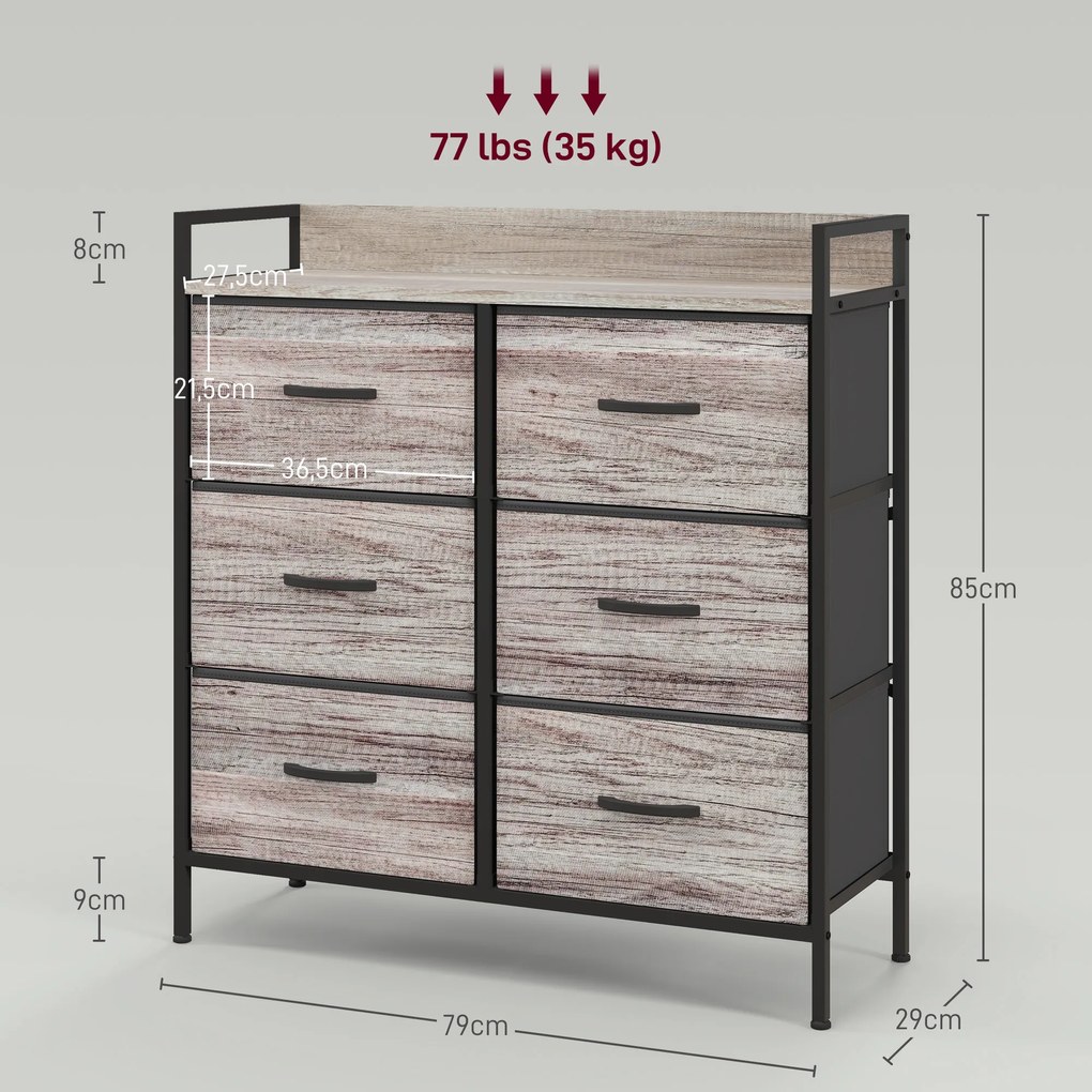 Cómoda com 6 Gavetas Dobráveis de Tecido Estrutura de Aço e Estilo Industrial 79x29x85 cm Cinzento