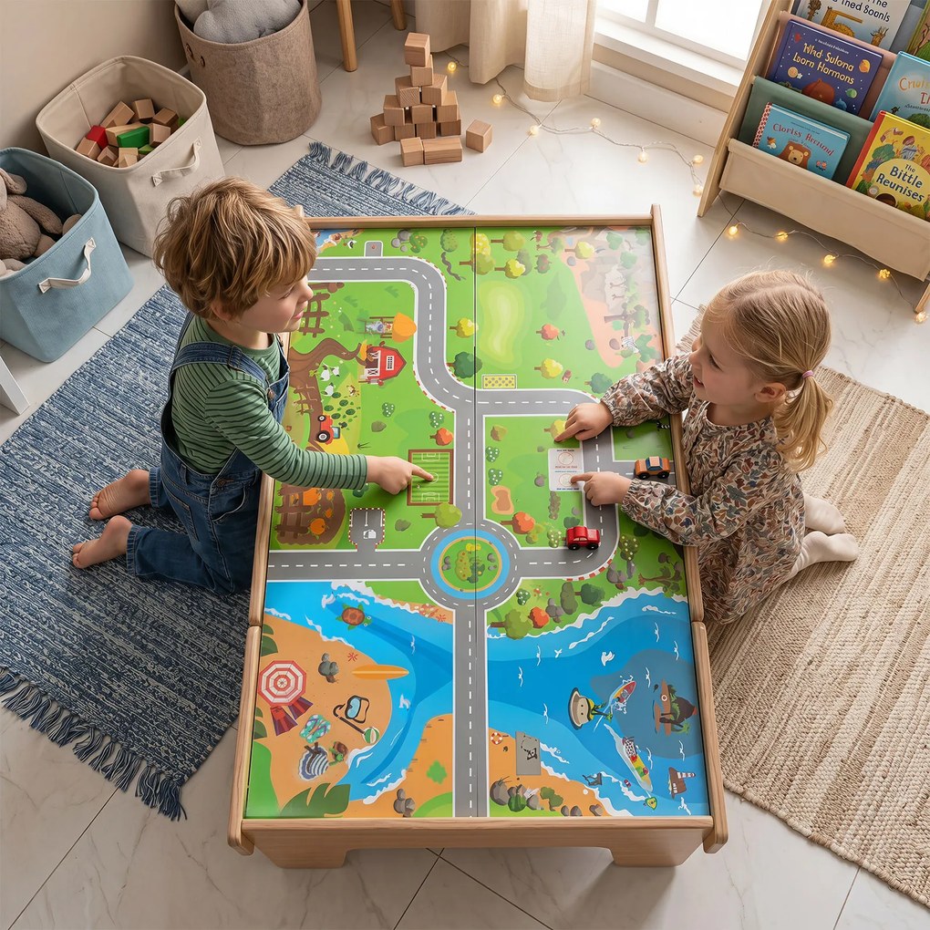 Mesa de Comboio para Crianças, 107 x 63 x 40 cm, Multifuncional 3 em 1, Natural