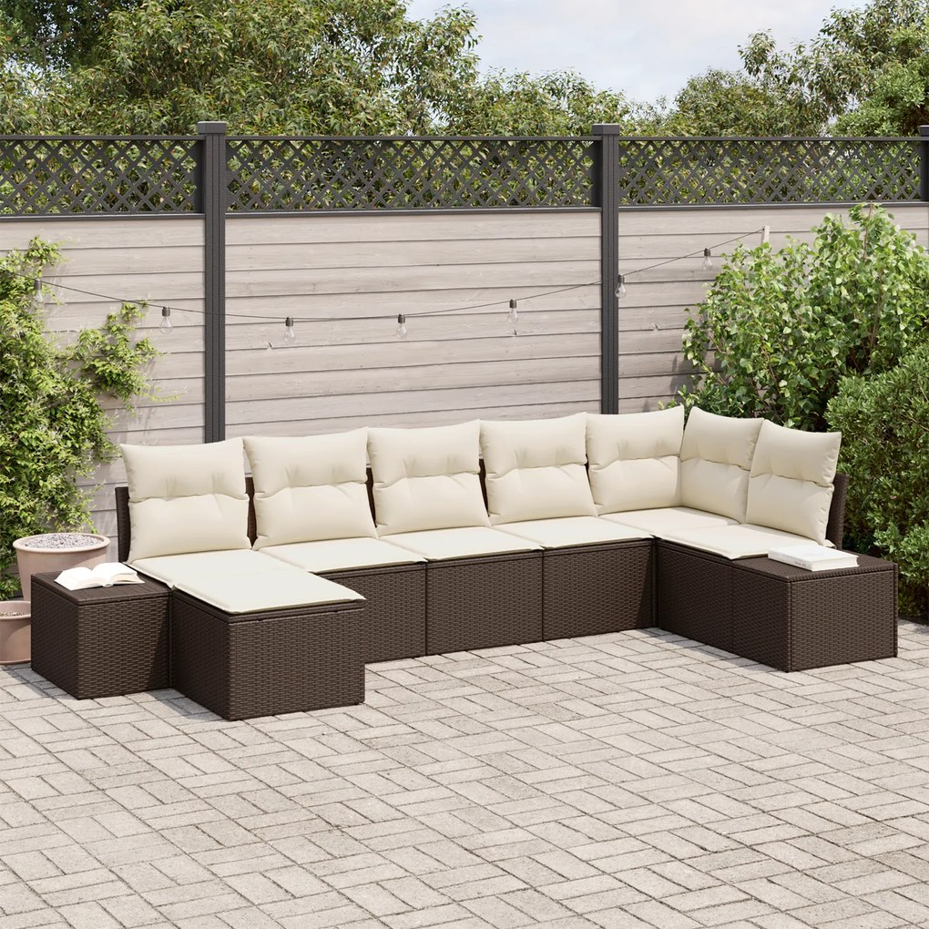 Conjunto de Sofá de 7 Peças para Jardim com Almofadas Castanho Vime Si