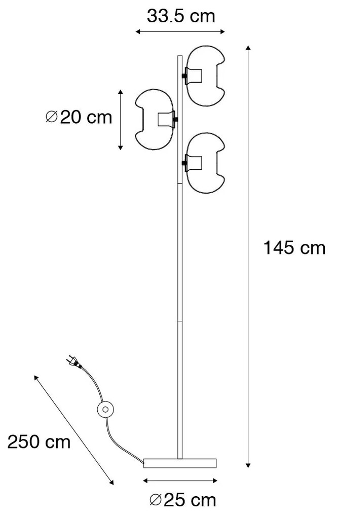 Candeeiro de pé Art Deco preto com vidro fumê 3-luzes - Ayesha