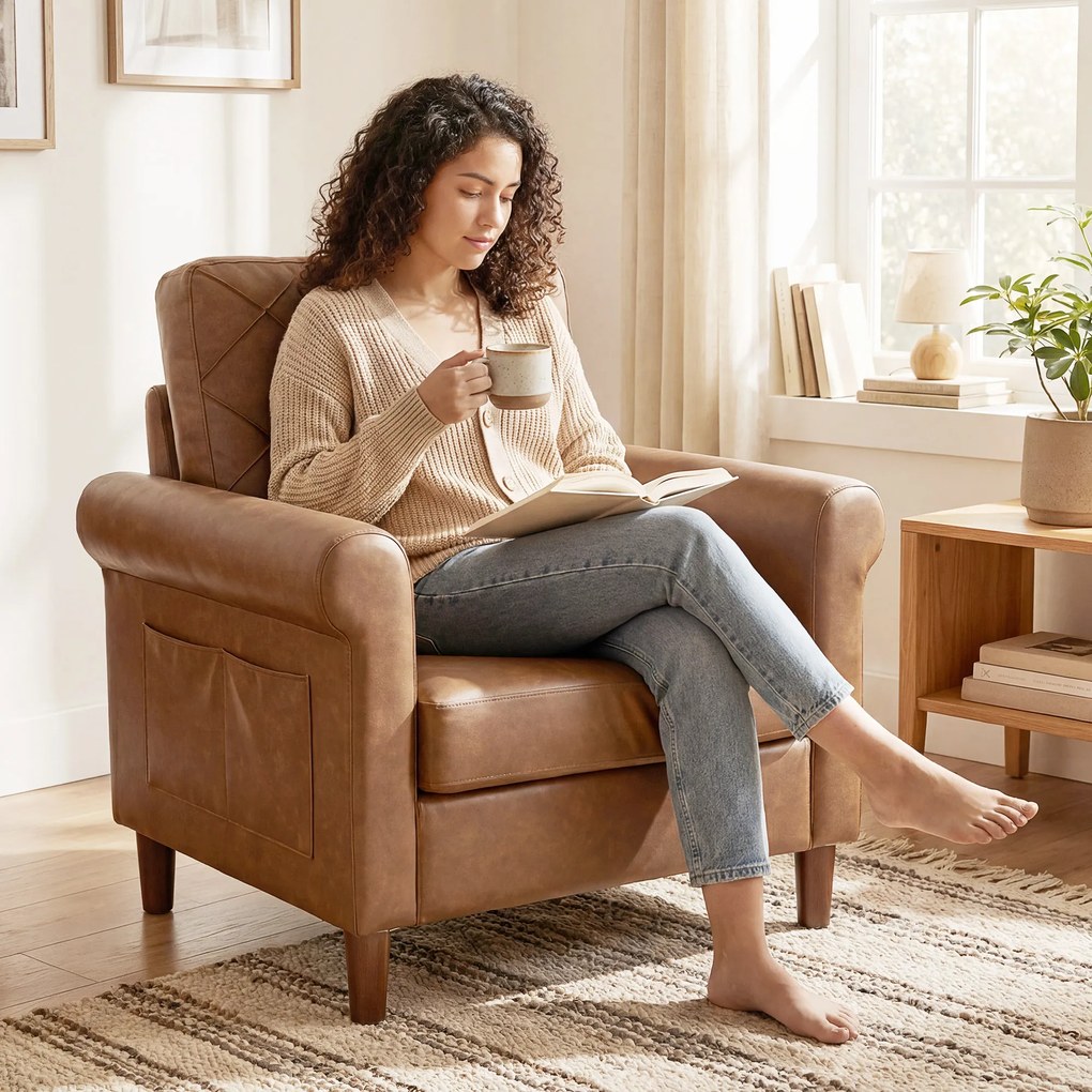 Poltrona Relax Estofada em PU com Almofada Espessa, Encosto com Costuras e Pernas de Madeira Maciça, Castanho