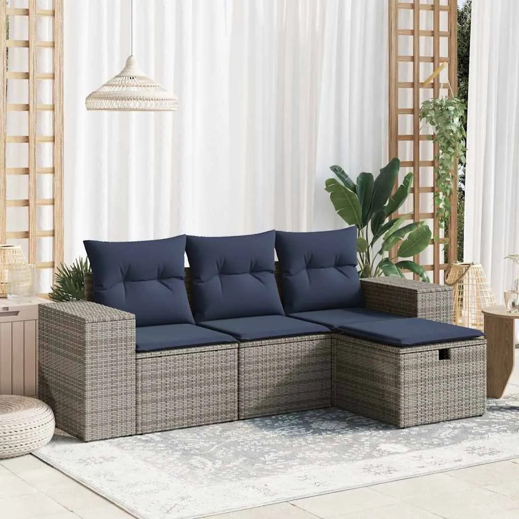 4 pcs conjunto sofás de jardim c/ almofadões vime PE cinzento