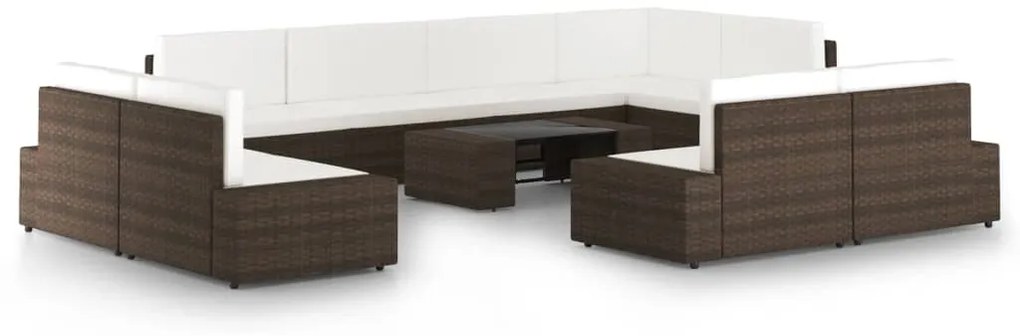 vidaXL 10 pcs conjunto lounge p/ jardim c/ almofadões vime PE castanho