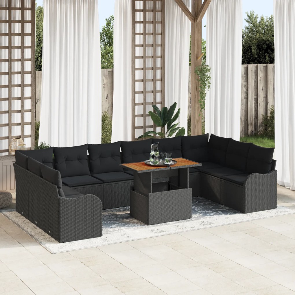Conjunto de Sofá para Jardim vidaXL de 11 Peças com Almofadas Preto Ra