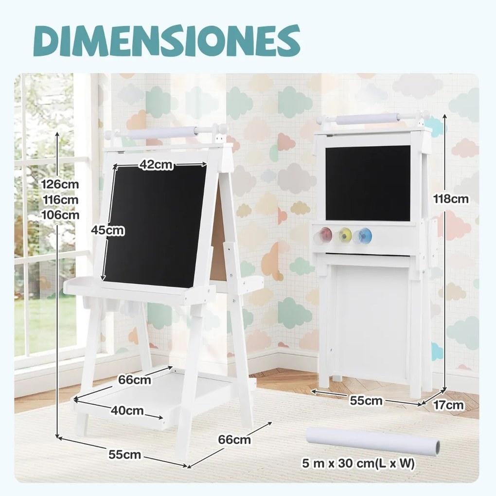 Cavalete de arte dobrável de dupla face 3 em 1 para crianças + 3 anos com quadro negro e rolo de papel substituível 3 copos bandejas Branco