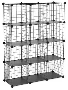 SONGMICS 12 Cubos de Grade de Arame, Unidade de Prateleiras Intertravadas com Prateleiras de Malha de Metal e Folhas de Plástico PP, para Livros, Sapatos, Brinquedos, Roupas, Ferramentas, na Sala de Estar e Banheiro, Preto LPI34H