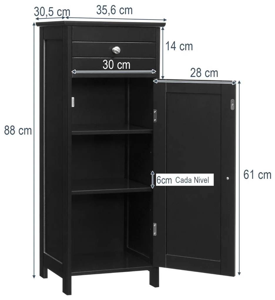 Armário de Banheiro Vertical Organizado com Porta Única 1 Gaveta Grande 2 Prateleiras Ajustáveis para Sala de Banho 35,6 x 30,5 x 88 cm Preto