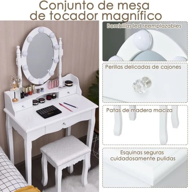 Toucador de maquilhagem com espelho giratório LED 3 gavetas e banco para quarto  75 x 40 x 143,5 cm  Branco